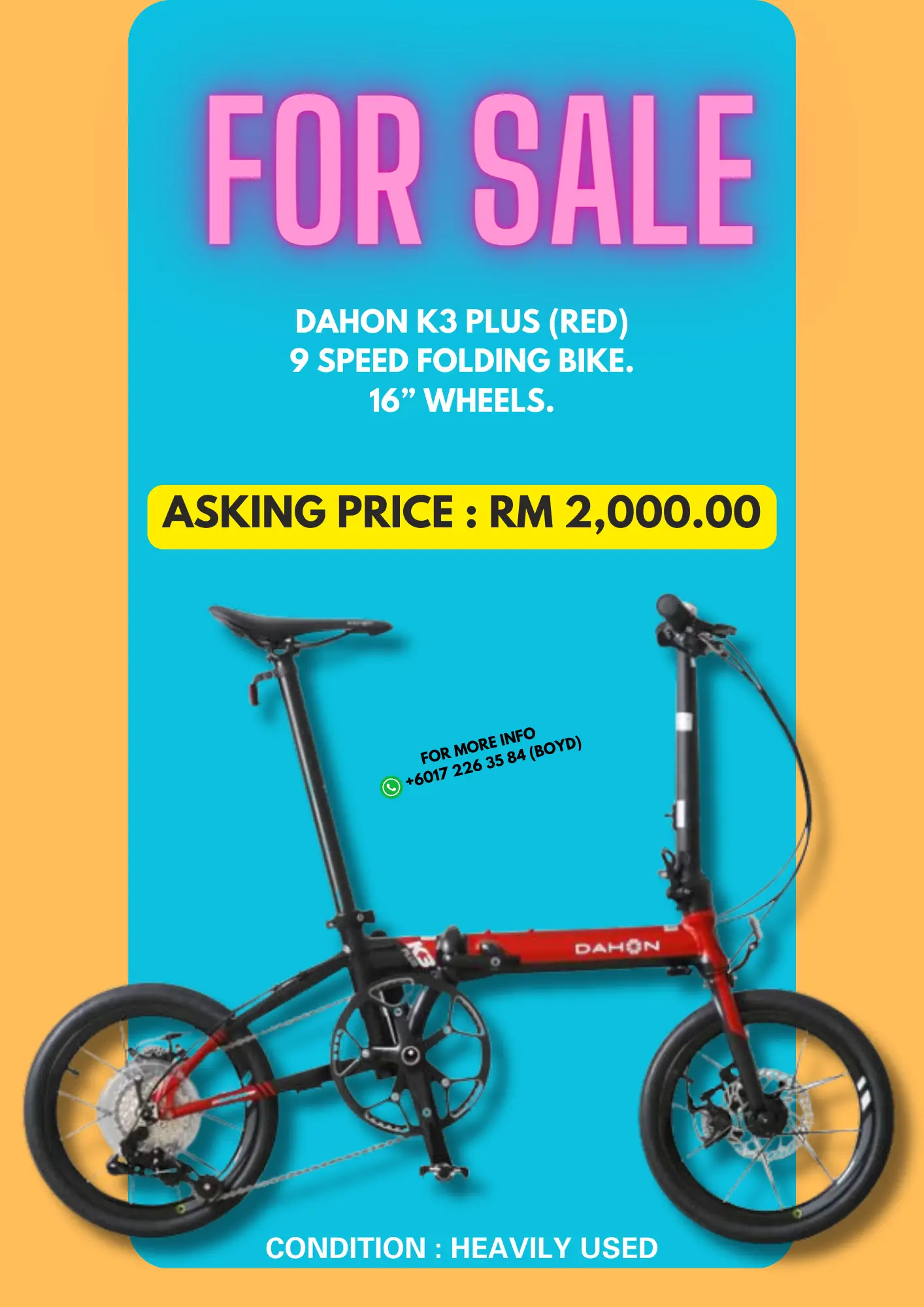 DAHON K3 PLUS. 9 SPEED. 16” WHEELS. FOR SALE.