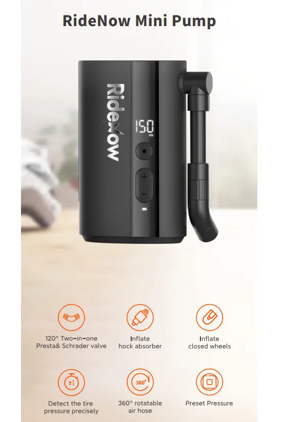 Ridenow Portable Mini Electric Pump 150Psi MTB & Road Bike 5000mAh