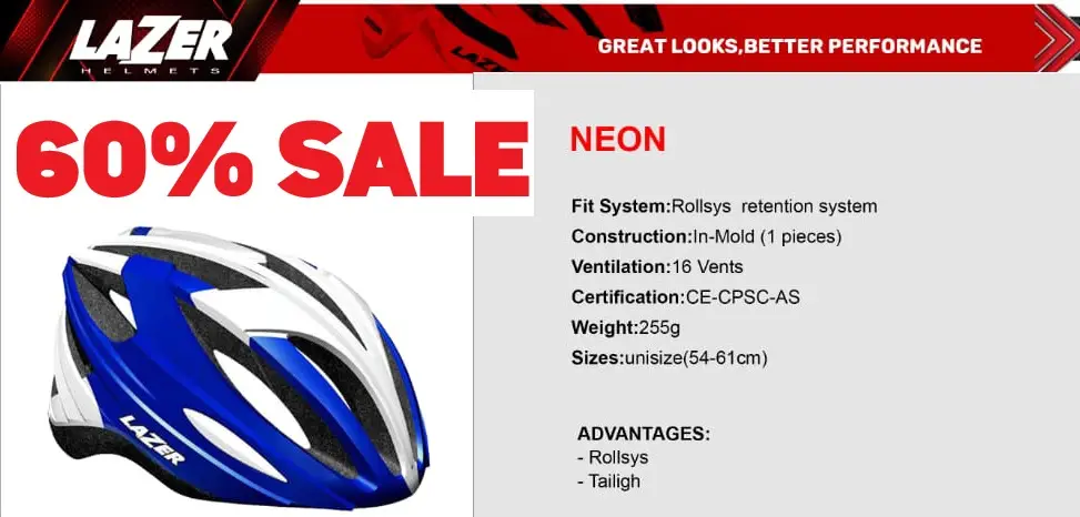 MEGA CLEARANCE SALE 60% OFF Lazer Neon Helmet Unisize (54-61cm) Blue