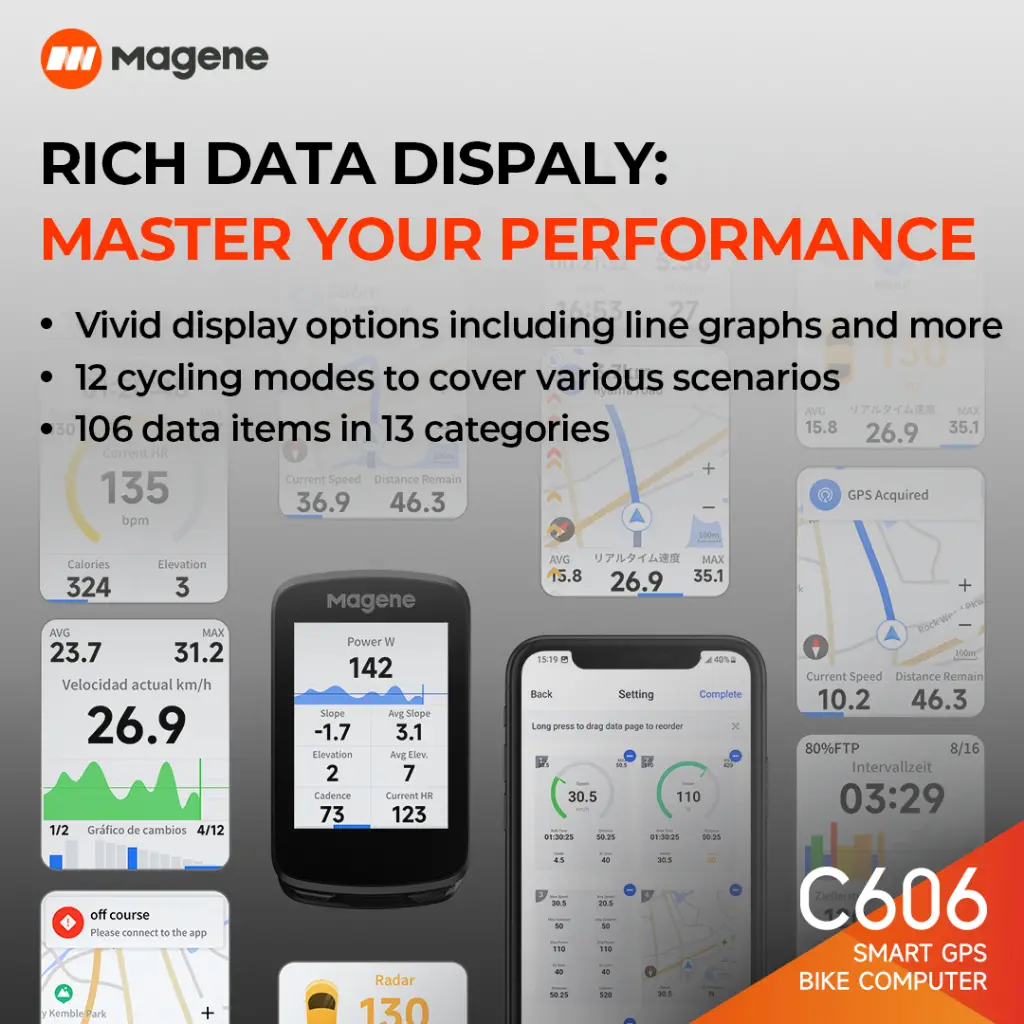 Magene C606 Bike Computer WiFi & Bluetooth Data Transfer Turn-by-turn Navigation, 11 Languages, Smart Notifications