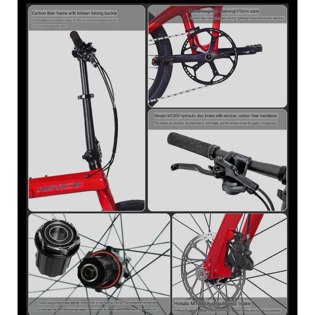 WINICE Carbon Folding Bike 20" Shimano Tiagra 10s T800 Frame Hydraulic Brake Lightweight Foldable Bicycle 9.7kg