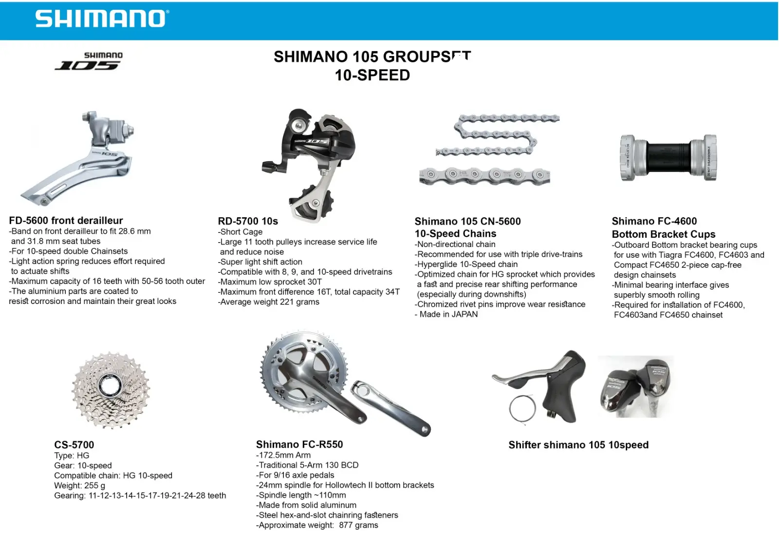 SHIMANO 105 Groupset 10-speed RD-5700 FD-5600 CN-5600 CS-5700 FC-R550 7in1