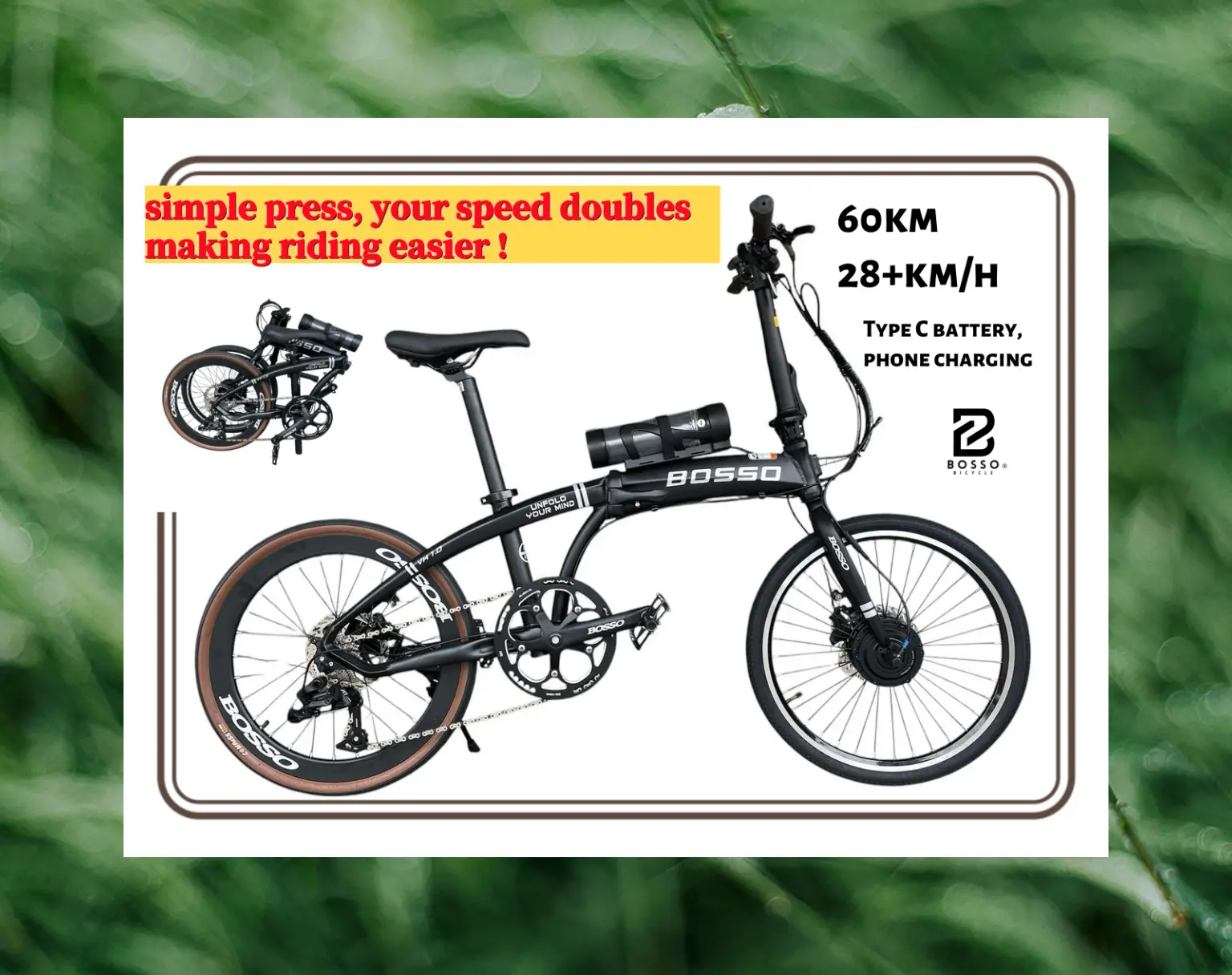 BOSSO Electric Folding bike 60km Max assis 28+km/h 20x1.3/8 (451) Hydraulic brake Outdoor bicycle Cycling dewasa adult
