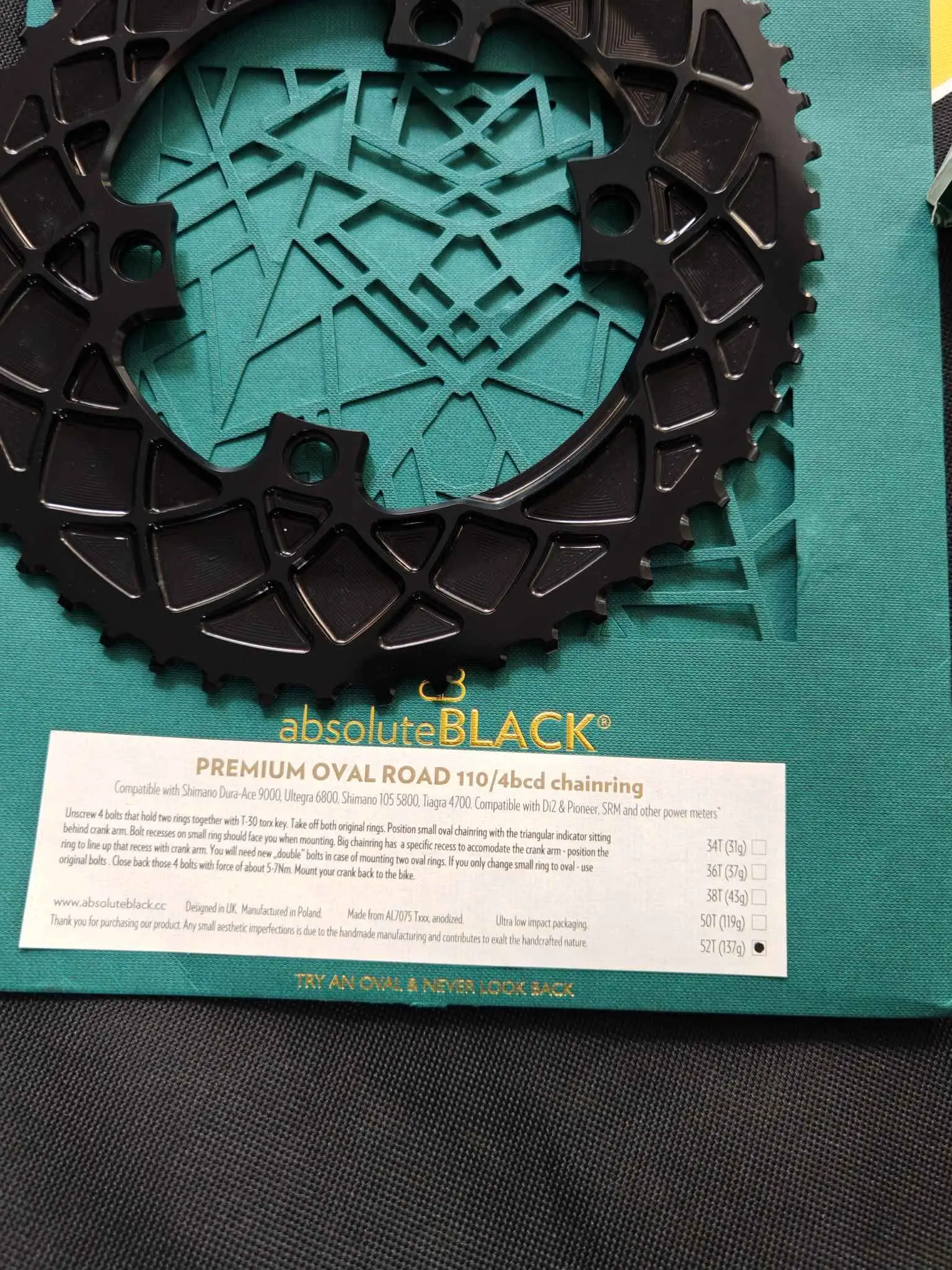 Absolute Black Oval Chainring (52/36t) 110/4bcd - Brand New !!!