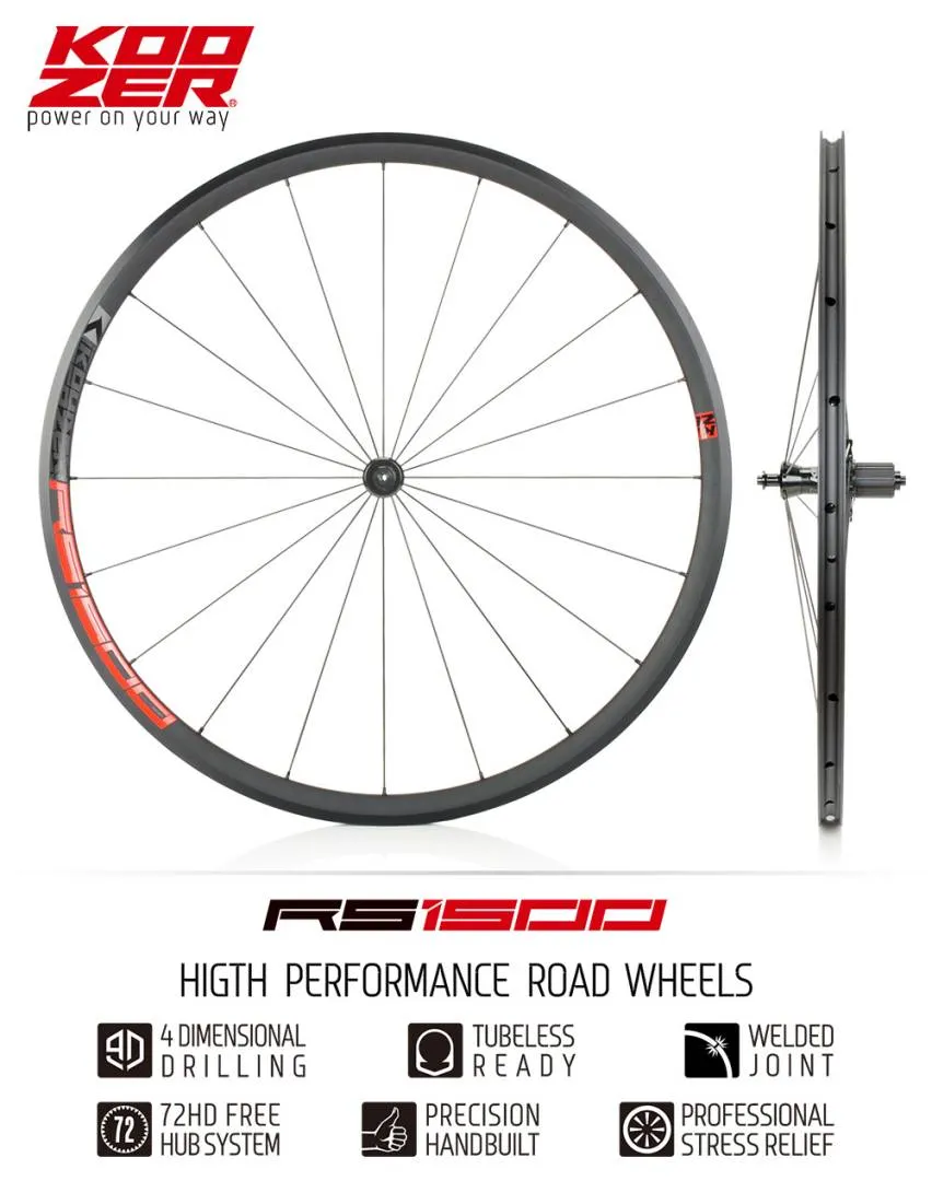 KOOZER RS1500 Aluminium Road Bike Rim 700C 6 Pawls Alloy Wheelset 700x23-32c Tyre DT Champion Tubele