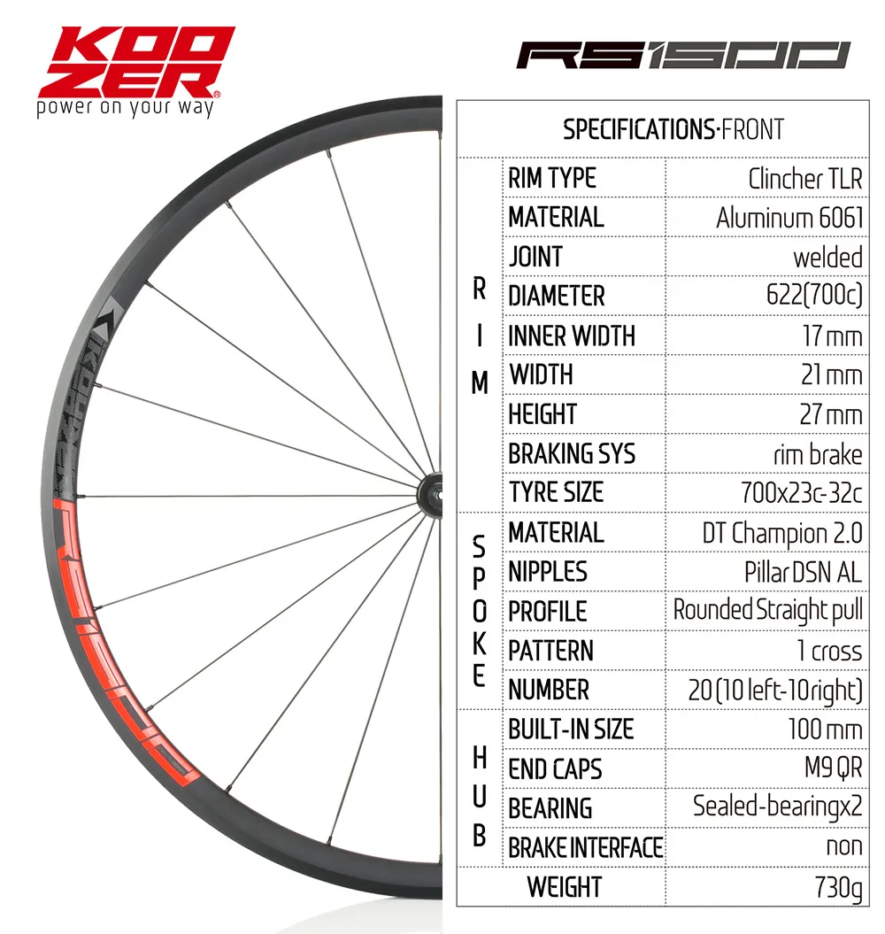 KOOZER RS1500 Aluminium Road Bike Rim 700C 6 Pawls Alloy Wheelset 700x23-32c Tyre DT Champion Tubele