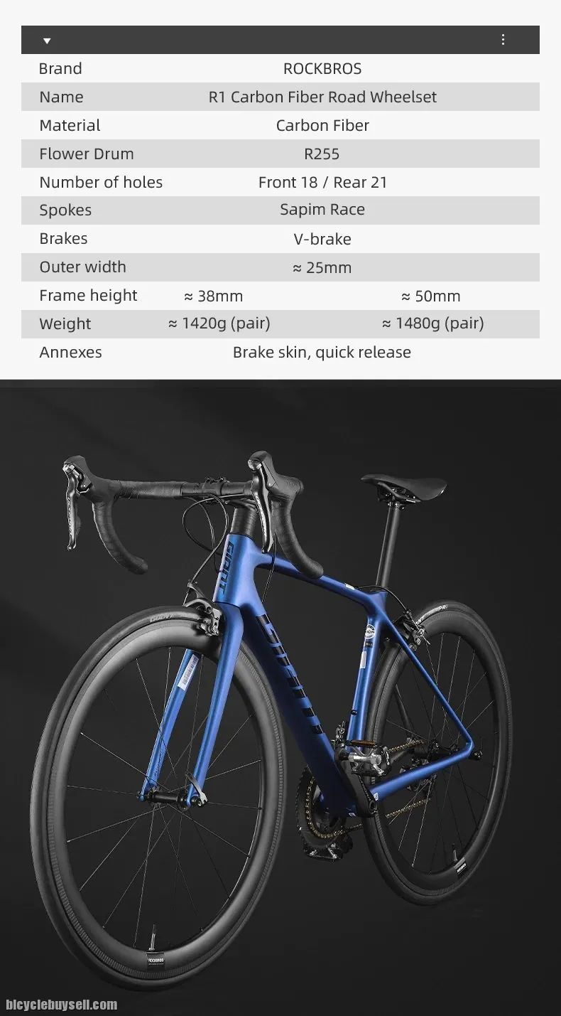 ROCKBROS TXR1 38MM 50MM Carbon Wheelset 1420g Road Bike 700C Rim Brake Clincher Rim RB Sapim CR2 R25