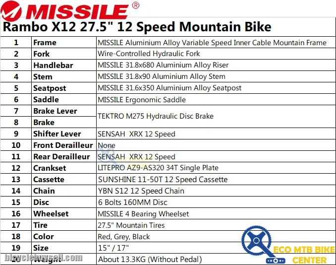 MISSILE Bike Rambo X12 27.5" x 17" 12 Speed MTB
