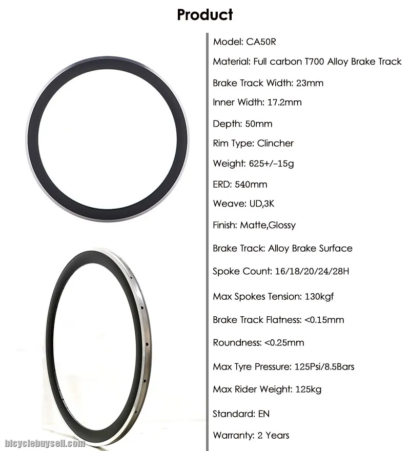 50mm Carbon Bicycle Alloy Road Bike Clincher Rims