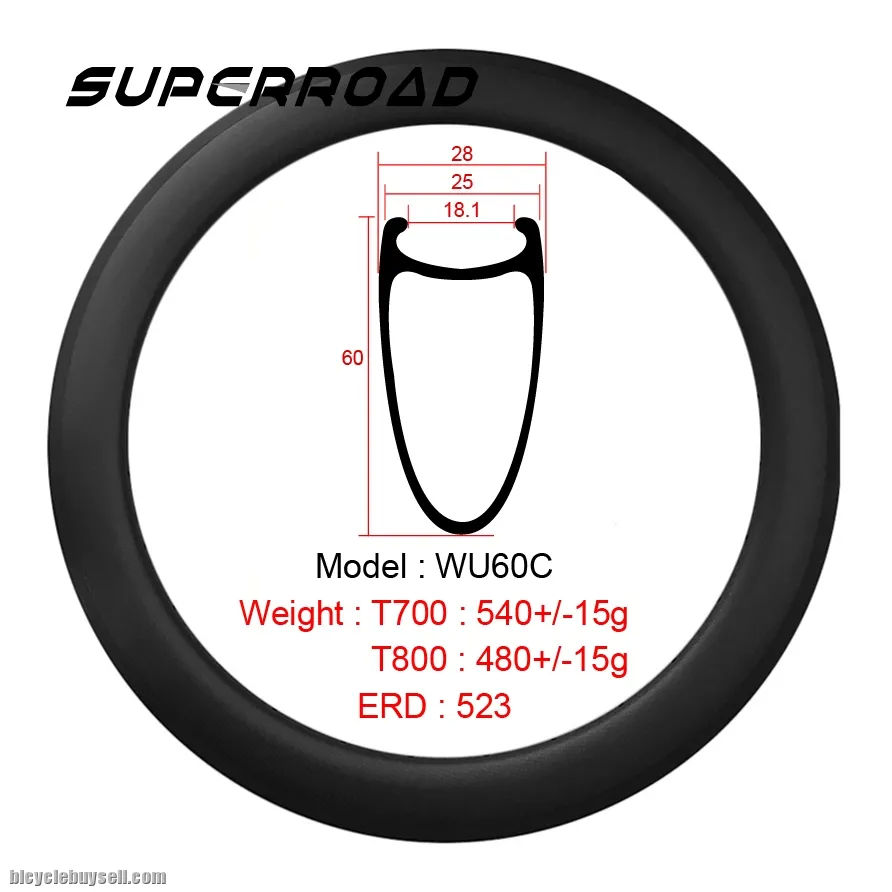 60mm Carbon Fiber Road Bike Clincher Rims 700C