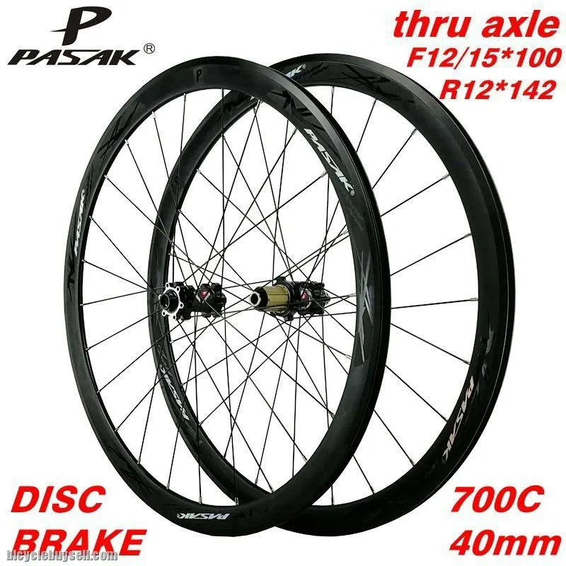PASAK 700C disc brake road wheel road bike wheelset thru axle f12 f15 r12alloy 40mm Clincher 6-bolt