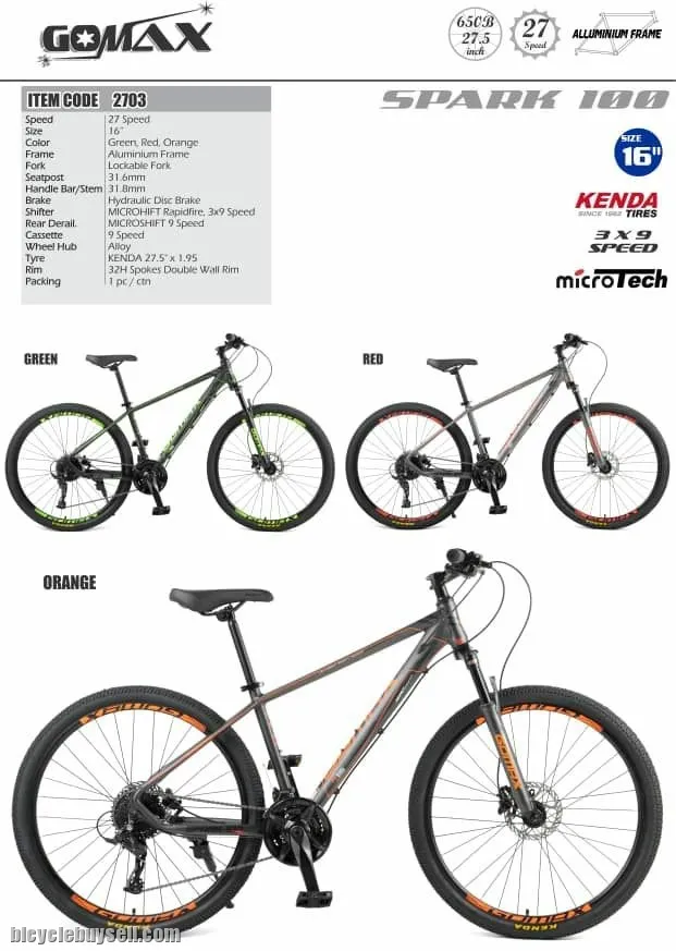 27.5" GOMAX SPARK 100 MOUNTAIN BIKE BICYCLE (27 SPEED MicroTech, Hydraulic Brakes)