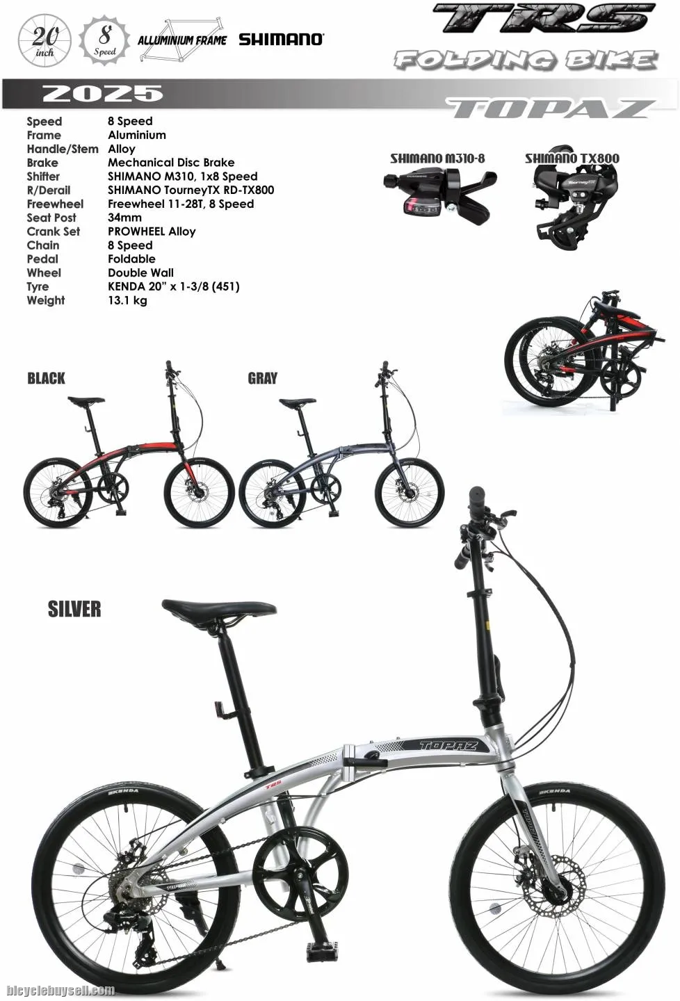 20" TRS TOPAZ FOLDING BICYCLE BIKE (Aluminum Frame, Shimano 8 speed, Disc Brakes); LAST UNIT CLEAR