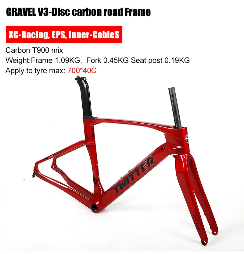 Twitter Carbon Gravel V3 Frameset 40c Tire Flat Mount Disc Brke Thru Axle 12*142mm Gravel Bike Frame