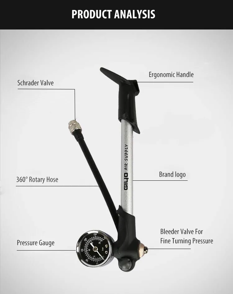 GIYO GS-02PT High Pressure Air Fork Bicycle Shock Pump 300 PSI MTB Bike Inflator Fork &amp; Rear Suspens