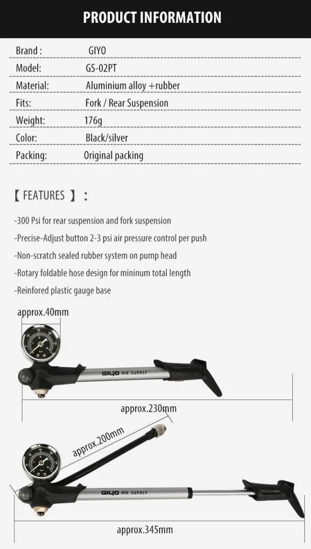 GIYO GS-02PT High Pressure Air Fork Bicycle Shock Pump 300 PSI MTB Bike Inflator Fork &amp; Rear Suspens