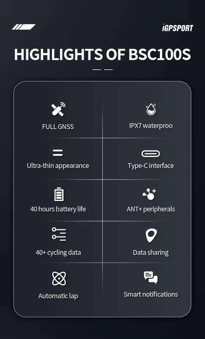 IGPSPORT BCS100S Bike Computer BLE ANT+ 2.6 Inch IPX7 Type-C 40H Battery Life Auto Backlight GNSS St