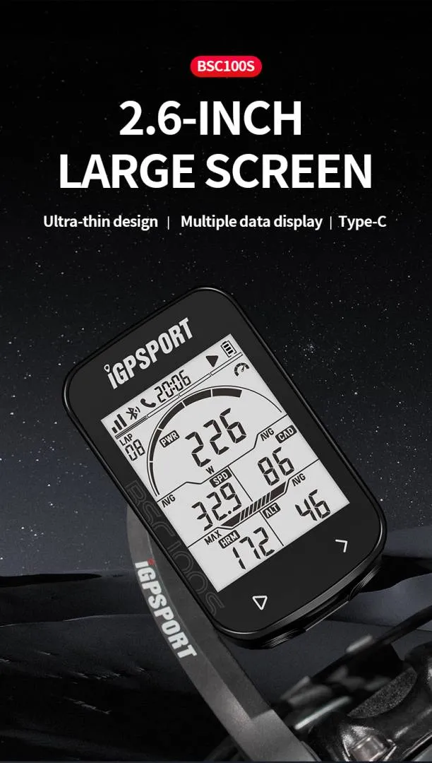 IGPSPORT BCS100S Bike Computer BLE ANT+ 2.6 Inch IPX7 Type-C 40H Battery Life Auto Backlight GNSS St