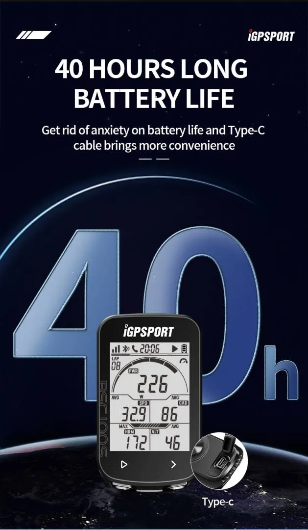 IGPSPORT BCS100S Bike Computer BLE ANT+ 2.6 Inch IPX7 Type-C 40H Battery Life Auto Backlight GNSS St