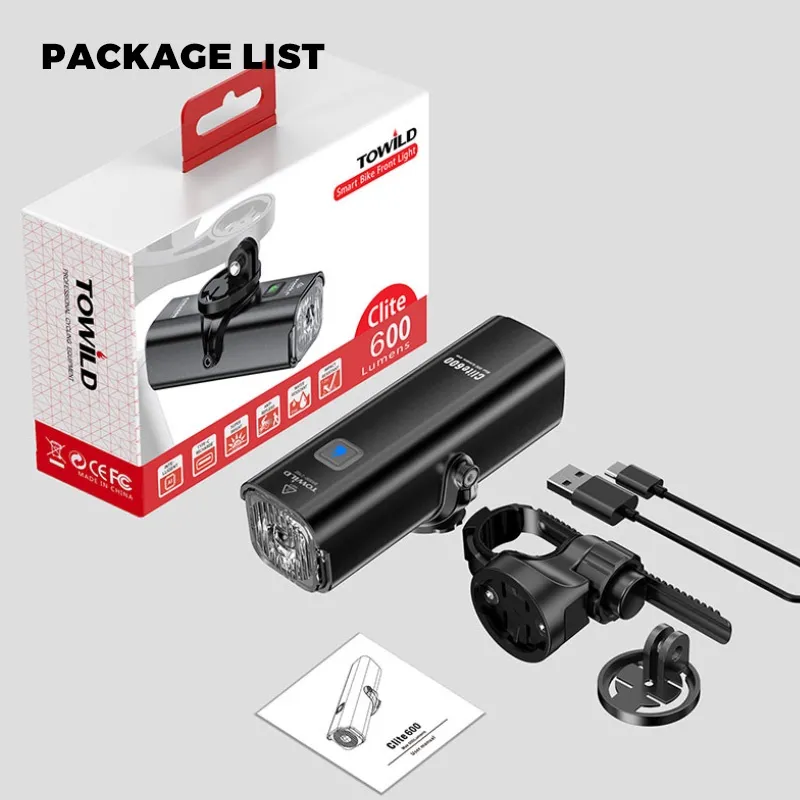 TOWILD CL600 Smart Bike Light Front Lamp USB Rechargeable 18650 Bicycle LED IPX6 Waterproof