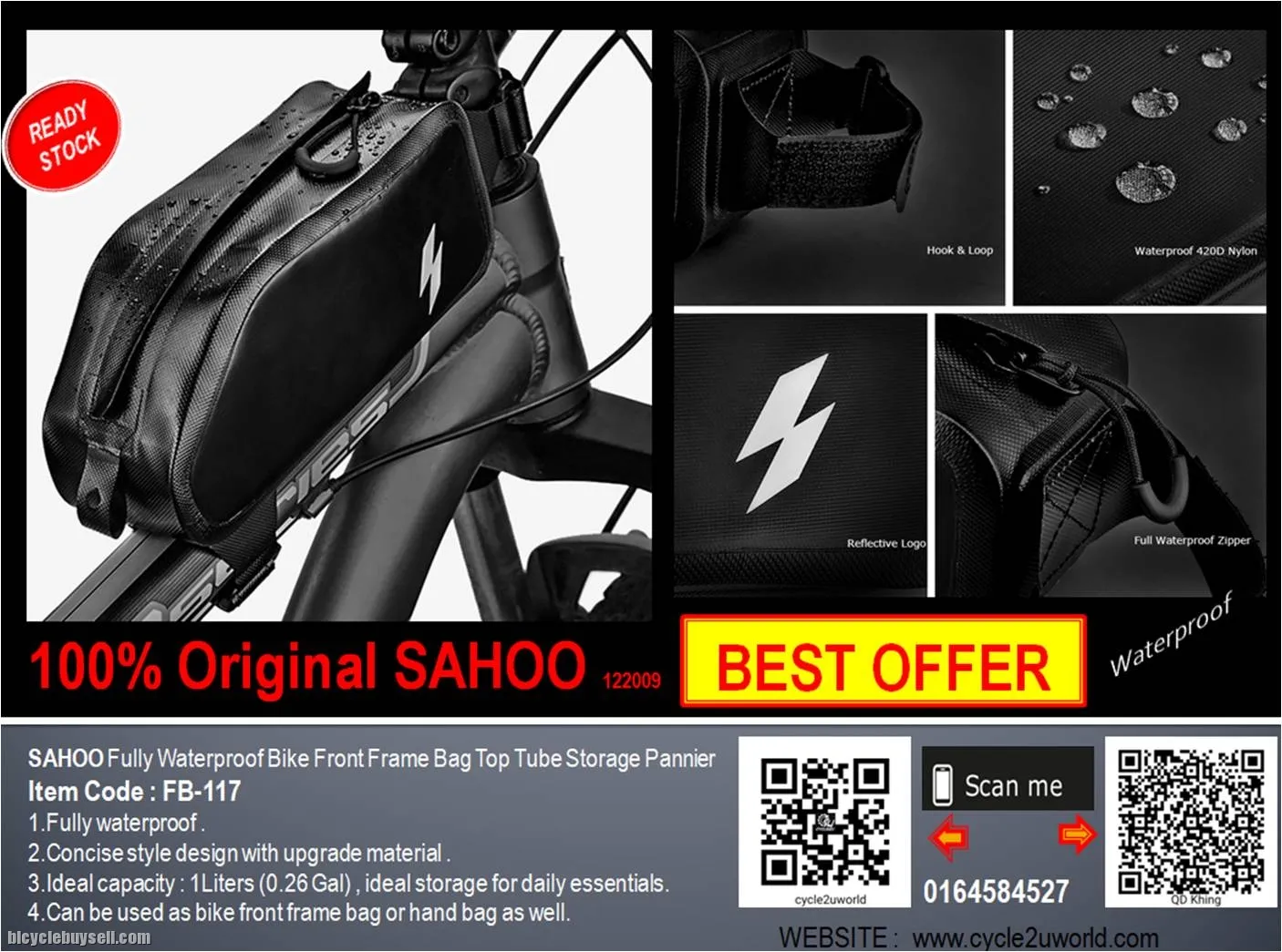 Original Sahoo 100% Full Waterproof Front Bicycle Bag