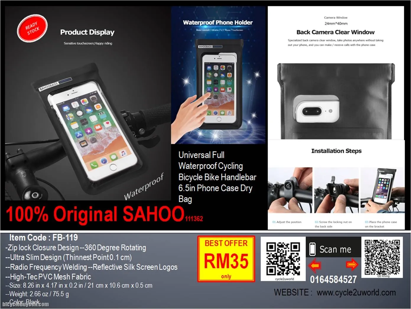 Original SAHOO Universal Full Waterproof Handable bag 6.5inch handphone Case Dry Bag