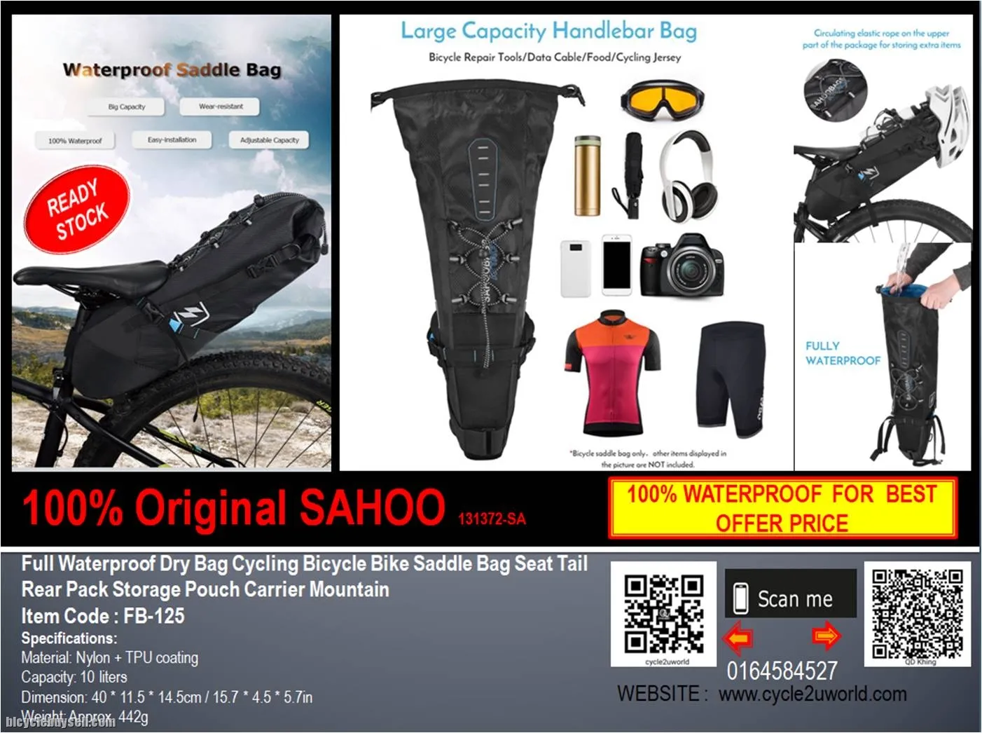 ORIGINAL SAHOO Waterproof Bike Saddle Bag 10L