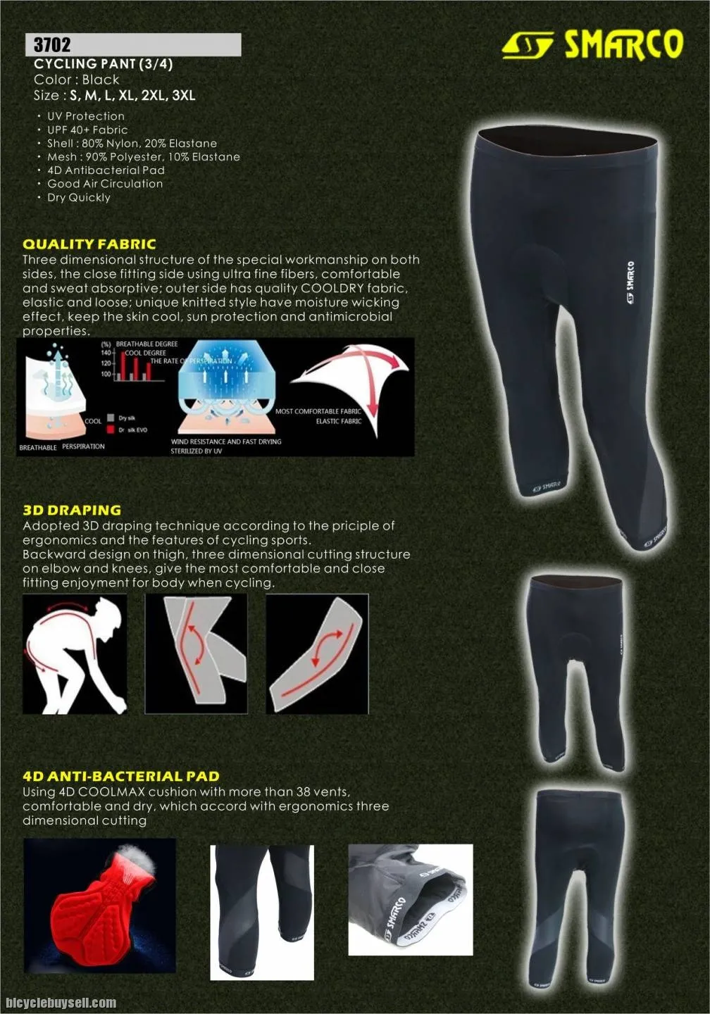 SMARCO CYCLING PANT. HIGH GRADE PADDING MATERIAL SHORT 3/4 AND LONG
