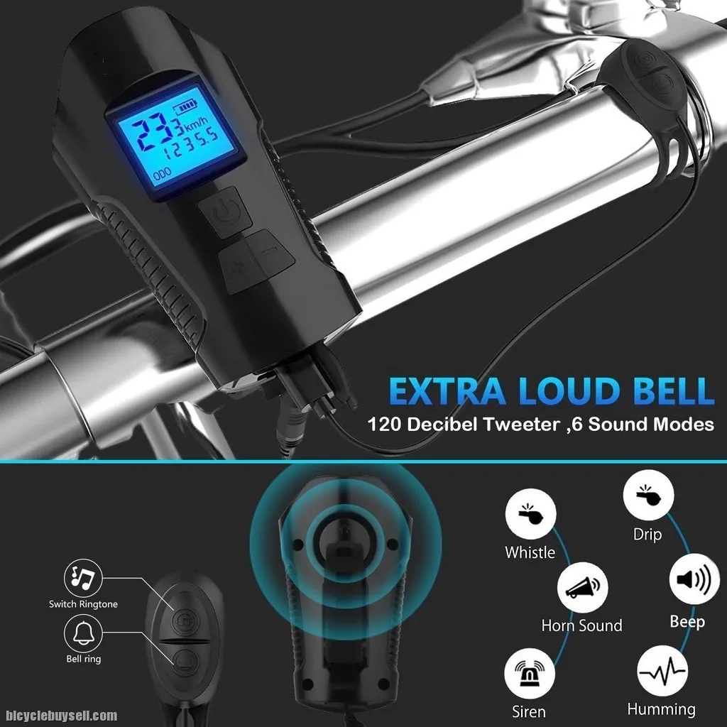 USB Rechargeable Bicycle Front Light Integrate Ultra Loud Electric Bicycle Horn &amp; Wireless meter