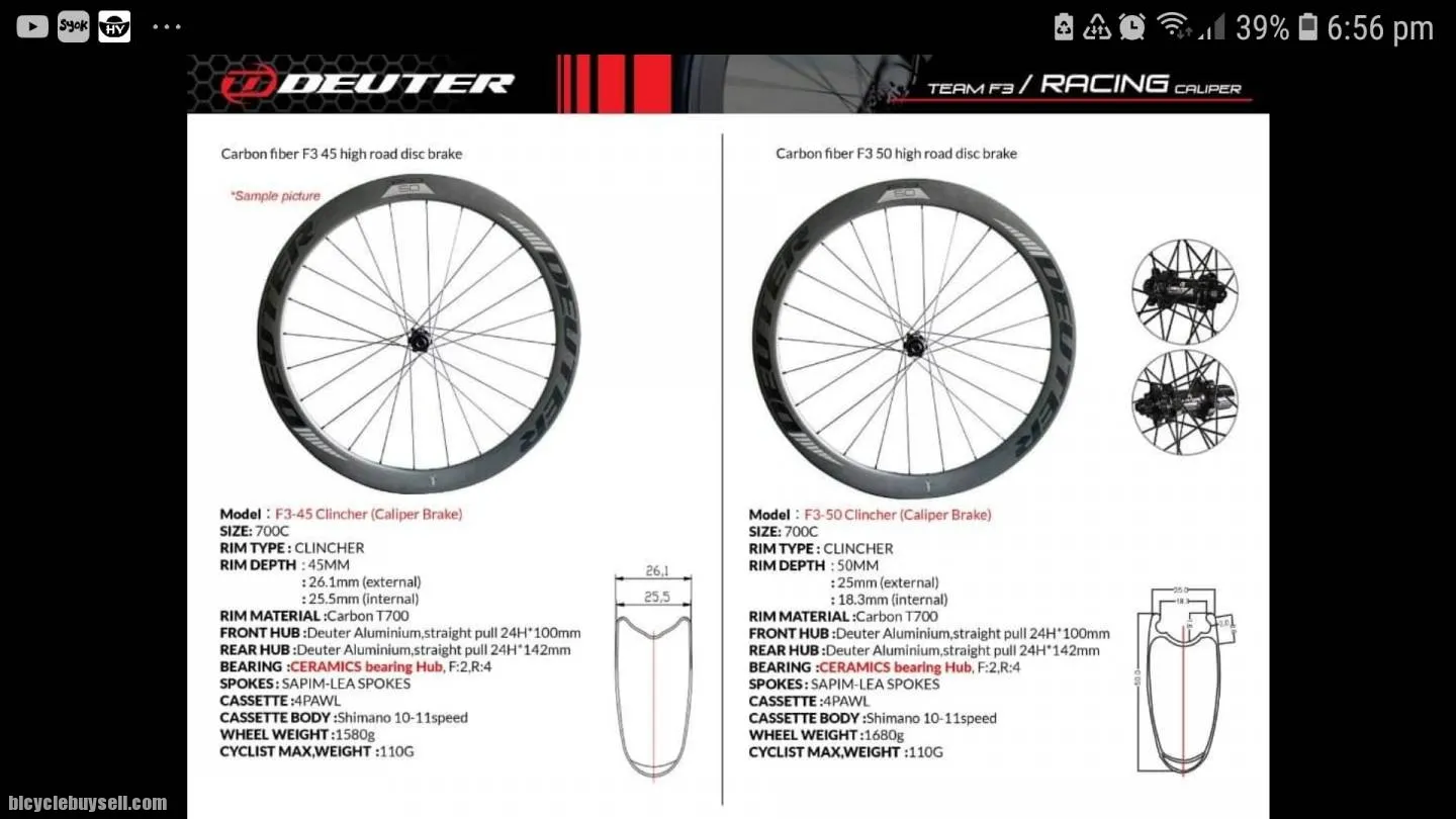 DEUTER CARBON FIRBER F3 40MM 45MM 50MM CLINCHER 700C WHEELSET