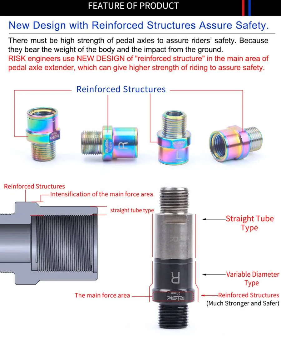 RISK Ti Bike Pedal Axle Extender w/ Bolts &amp; Spacers, 16mm/20mm, for MTB/Road Bike Pedals, 1 Pair.