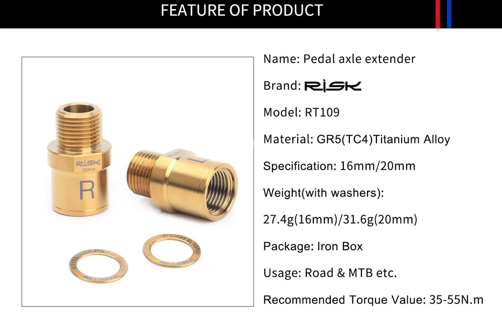 RISK Ti Bike Pedal Axle Extender w/ Bolts &amp; Spacers, 16mm/20mm, for MTB/Road Bike Pedals, 1 Pair.