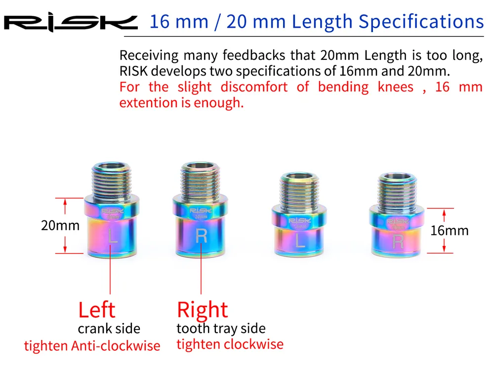 RISK Ti Bike Pedal Axle Extender w/ Bolts &amp; Spacers, 16mm/20mm, for MTB/Road Bike Pedals, 1 Pair.