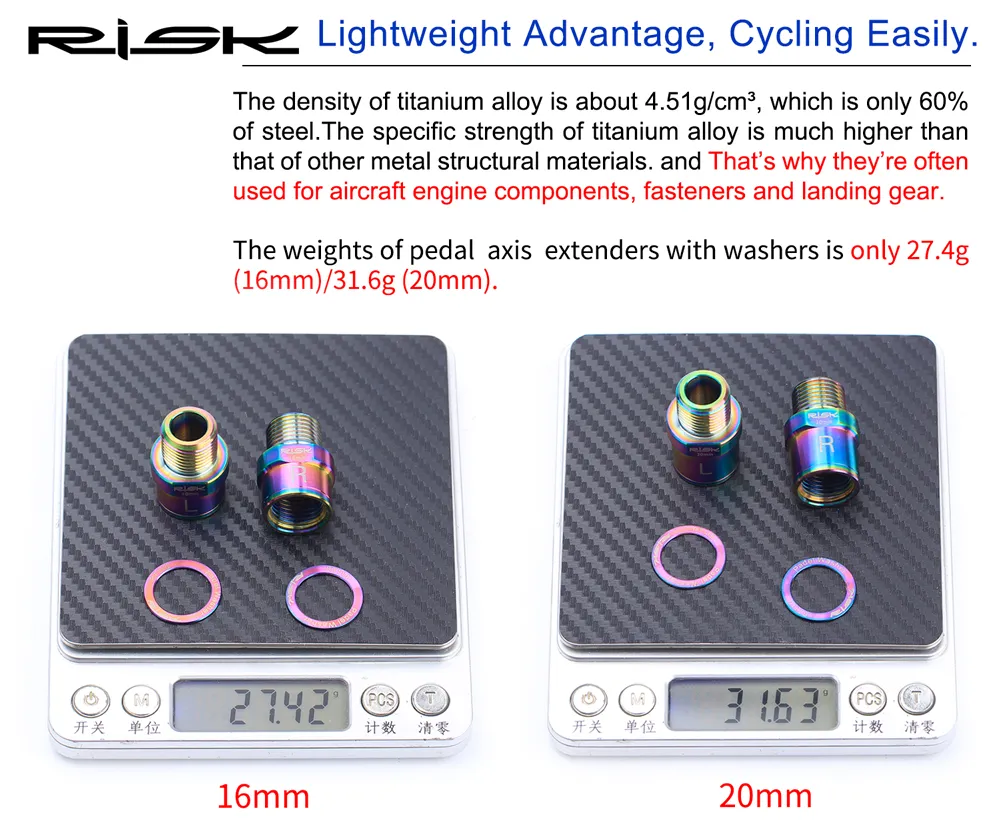 RISK Ti Bike Pedal Axle Extender w/ Bolts &amp; Spacers, 16mm/20mm, for MTB/Road Bike Pedals, 1 Pair.