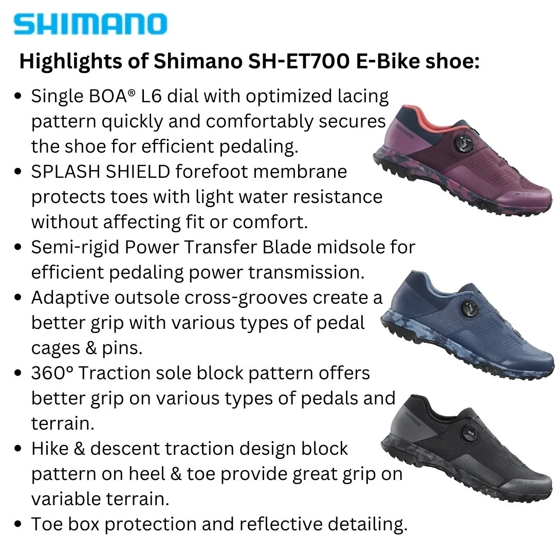 Shimano ET7 ET700 Women Men Black Blue Plum BOA Flat Shoe E-Biked Rated Stiff Sole