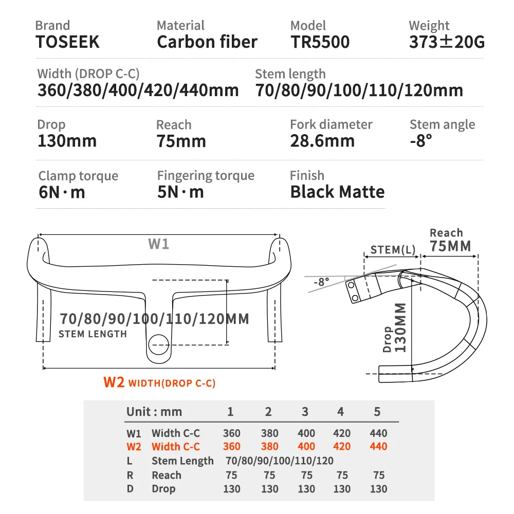 TOSEEK TR5500 Full Internal Cable Routing Road Bicycle Handlebar T800 Carbon Integrated Handlebar