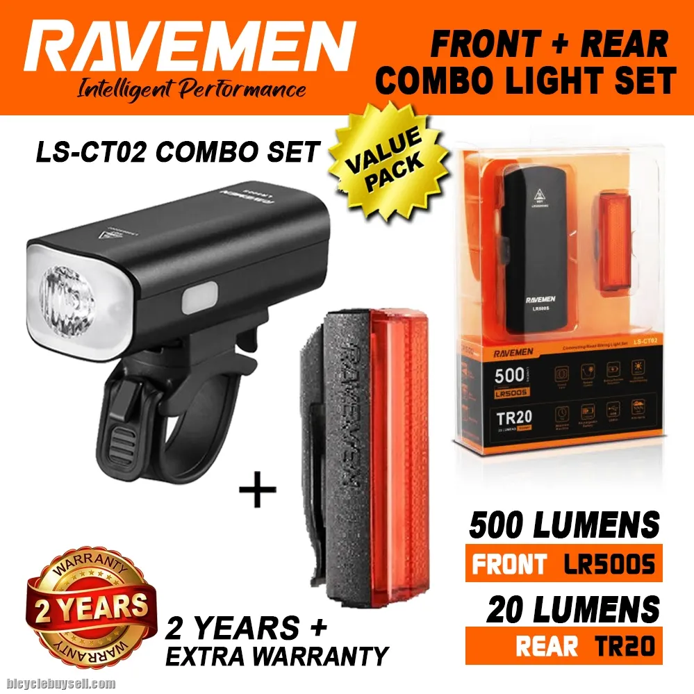 RAVEMEN LS-CT02 USB Bike Lights Set LR500S + TR20 Rechargeable Light Combo Front and Rear 2pcs