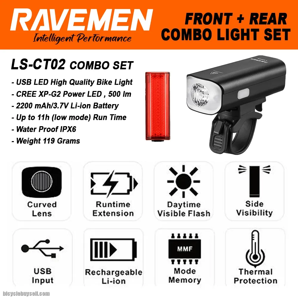 RAVEMEN LS-CT02 USB Bike Lights Set LR500S + TR20 Rechargeable Light Combo Front and Rear 2pcs
