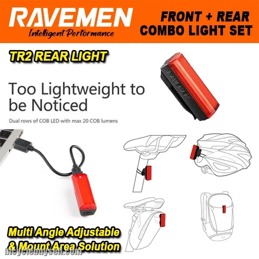 RAVEMEN LS-CT02 USB Bike Lights Set LR500S + TR20 Rechargeable Light Combo Front and Rear 2pcs