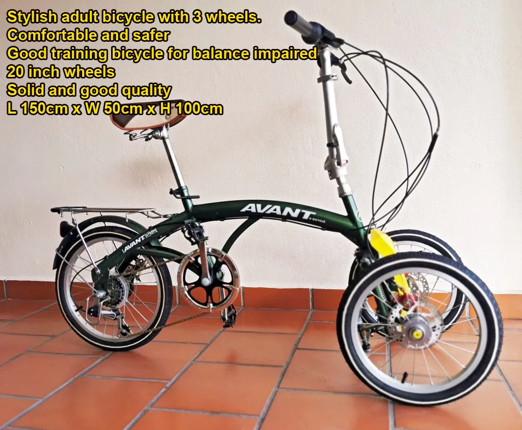 Avant Trike / Folding bicycle with 2 steerable front wheels disc brakes and suspension