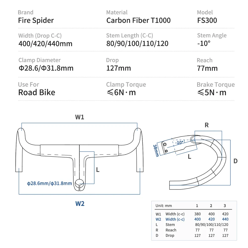 FS300 Carbon Handle Bar Di2 Matte Black Compatible with 31.8mm OD2 Fully Internal Routing 28.6 road