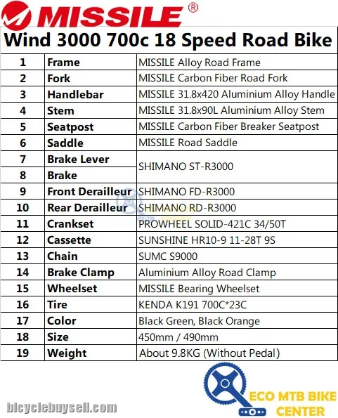 MISSILE Bike Wind 3000 700c 18 Speed Road Bike