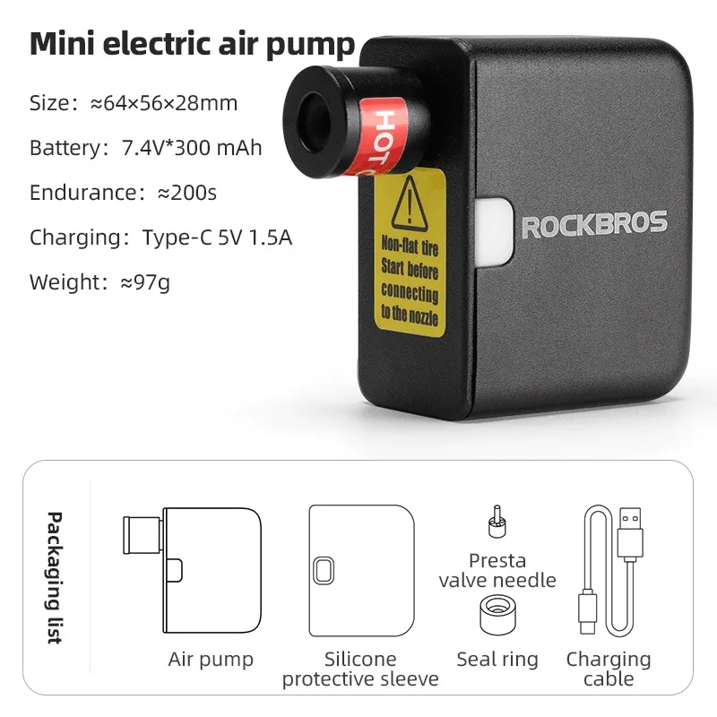 RockBros Mini Electric Air Pump - High Pressure 100 PSI, Type-C Rechargeable, Lightweight, MTB  mini pump