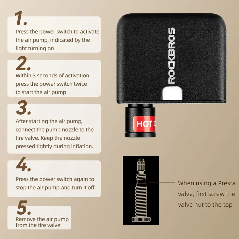 RockBros Mini Electric Air Pump - High Pressure 100 PSI, Type-C Rechargeable, Lightweight, MTB  mini pump